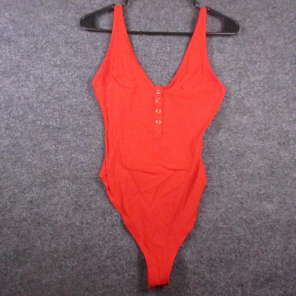 Free People Bodysuit Womens Small/Petite Red Scoop Neck Snap Closure Stretch